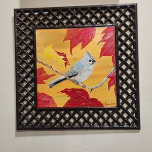 Hand-Painted Bird & Autumn Leaves Artwork In Black Lattice Frame By D. Risland
